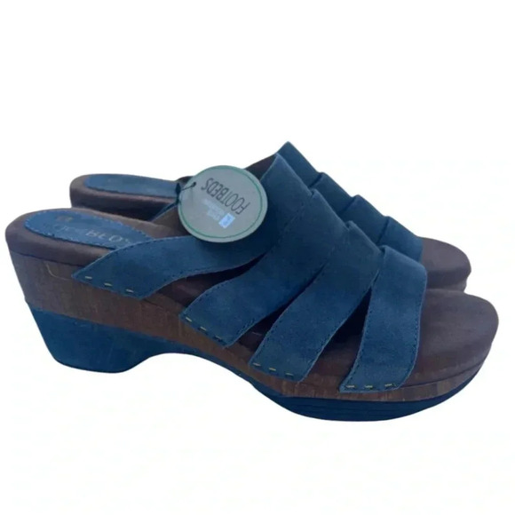 White Mountain Footbeds Blue Leather Slip On Sandals Wood Clog NWT - Picture 1 of 8